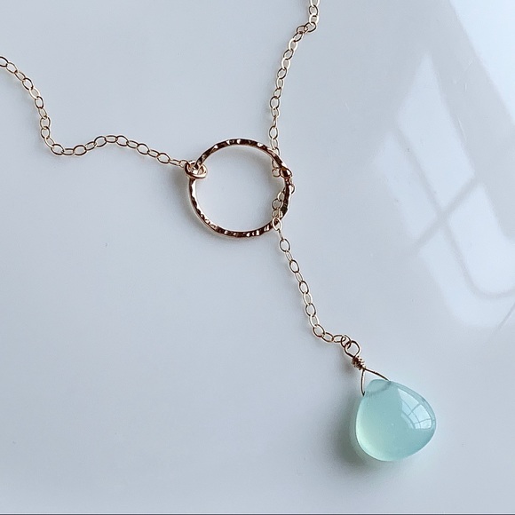 Aqua Chalcedony Lariat Y Necklace Gold Filled 925 - Picture 4 of 4